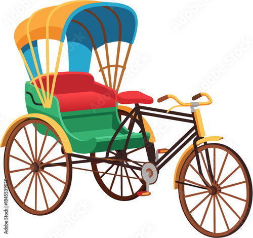 Hand Pulled Rickshaw Vector Illustration, Traditional Human Powered Transport Vehicle In Indian Cities
