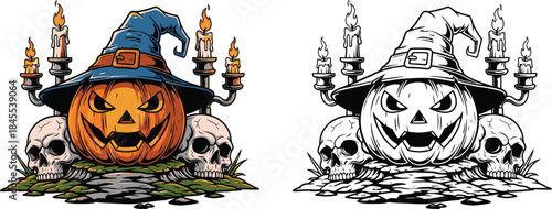 Colorful and black and white witch hats with jack o lantern and skulls candles orange