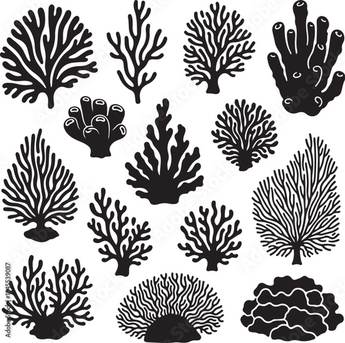 Black coral reef silhouettes on white background