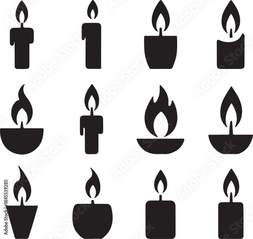 Twelve black silhouette candle icons with flames on white background fire light