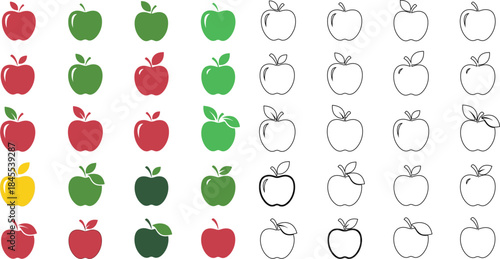 Colorful and monochrome apples arranged in a grid pattern with different shades and outlines