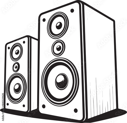 Music Speakers Hand-drawn Sketch Drawing Vector Illustration, Line Linear Symbol Engraving Coloring Book, Black and White Isolated