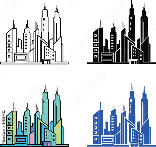 Colorful and monochrome city skyline with tall buildings and skyscrapers black and white