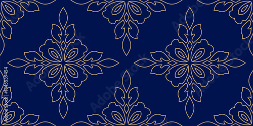 Elegant linear floral ornament. Exquisite golden seamless pattern with outline flower silhouettes, foliage. Dark blue and gold royal design. Luxury geometric vector background in oriental style