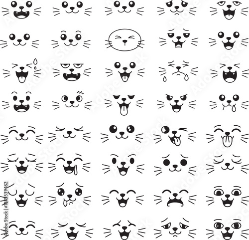 Collection of Cute Cat Faces Expressions in Black and White