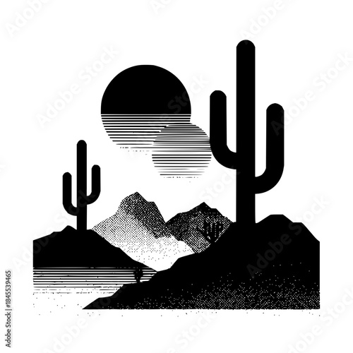 Black and white desert landscape with cacti mountains and sun in a stylized retro vintage style art