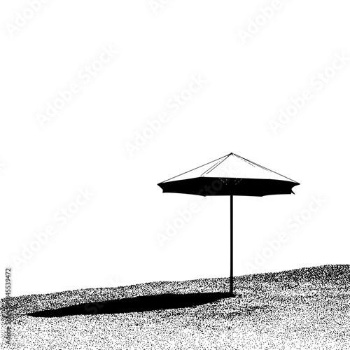 A solitary beach umbrella casts a shadow on the sand in a stark black and white minimalist scene design
