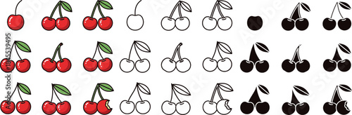 Colorful and monochrome cherries with stems and leaves in a grid pattern red cherries