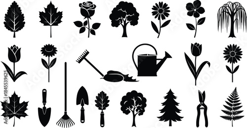 Gardening tools and plants silhouette collection