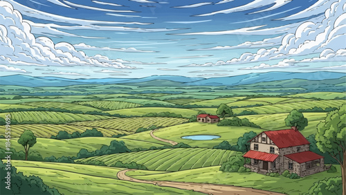 Charming Rural Farmhouse with Red Roof Amidst Rolling Green Fields.