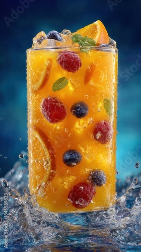 Refreshing drink with fruits splashing in a glass during a summer day