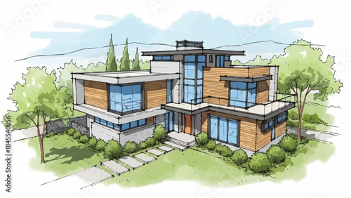 Modern Architectural Design of a Luxurious Two-Story House with Large Windows and Wood Accents.