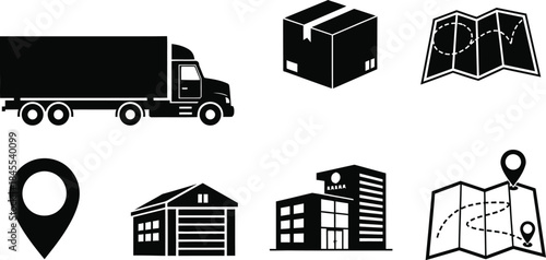 Logistics and transportation icons including truck package map location warehouse and office building