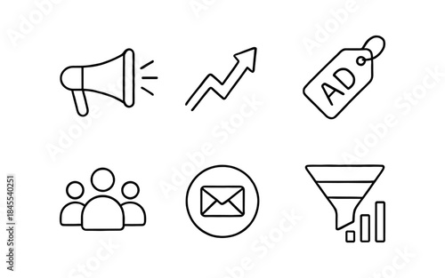 Set of marketing icons representing advertising, growth, audience, email, and sales funnel
