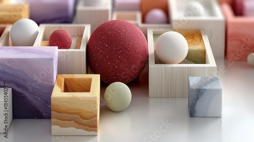 Colorful geometric shapes and spheres arranged on a surface during a studio setting