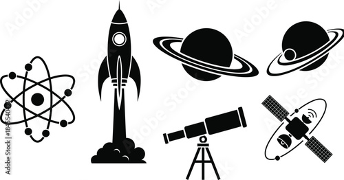Black and white illustration of space and astronomy related objects
