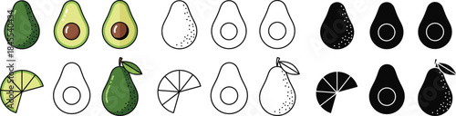 Colorful avocado and pear with different textures and patterns fruit green black