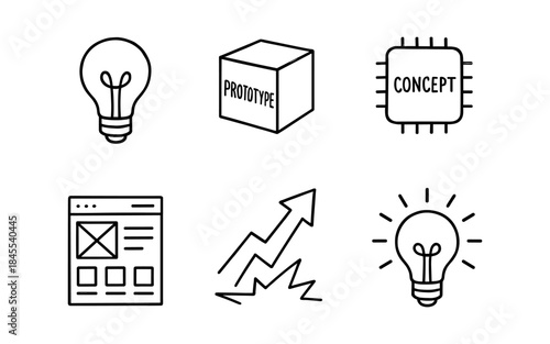 Set of icons representing business concepts like ideas, prototypes, and growth