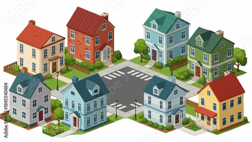Charming suburban neighborhood with diverse colorful houses and green trees.