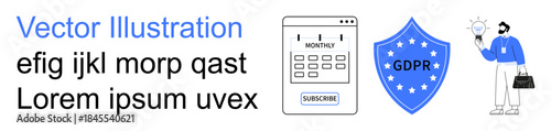 Data security, GDPR, digital privacy, compliance, business solutions, online subscription. Calendar interface, GDPR shield and businessperson idea. s GDPR and data security concepts
