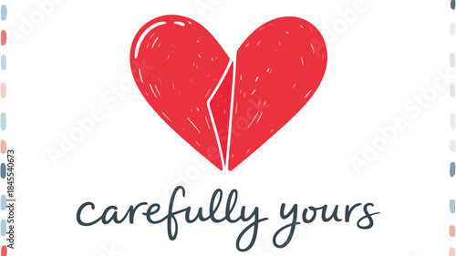 A minimal illustration of a broken red heart with the words carefully yours written below on white background with colorful borders