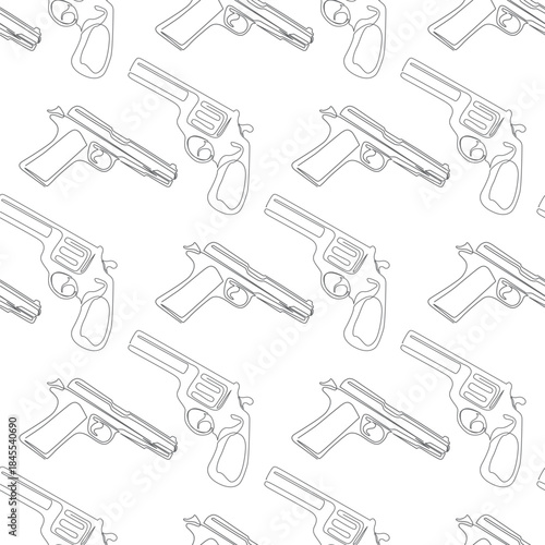 Seamless Line handgun Pattern. Hand drawn weapon background for fabric, textile, print, wrapping paper or package design.