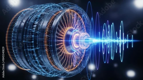Abstract futuristic engine with glowing wireframe elements. Dynamic energy waves emanate from the core. Representing advanced technology, data processing, and innovation