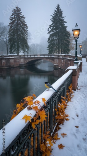 Fototapeta Naklejka Na Ścianę i Meble -  Winter scene with snow, old stone bridge over a dark river, glowing street lamps, and a small bird perched on a snowy railing with autumn leaves