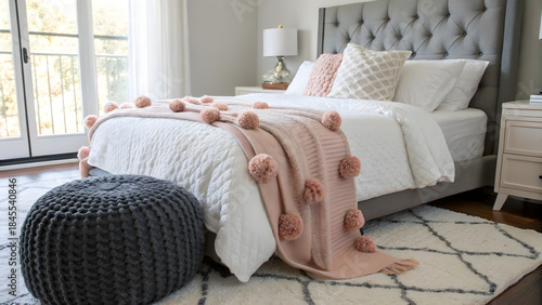 Cozy bedroom with gray tufted headboard and white bedding