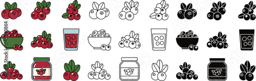 Colorful cranberries and lingonberries in various forms and containers white black