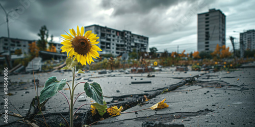 Bright sunflower emerges from cracked asphalt amid the ruins of a destroyed residential district