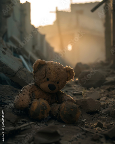 Lonely teddy bear rests on rubble amidst the silent remnants of a war-torn home with soft light filtering through the ruins
