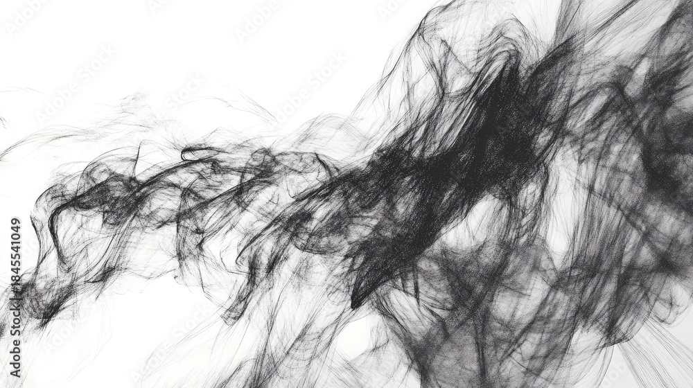 Fototapeta premium Abstract smoke or digital ink strands creating a dynamic dark texture, spreading elegantly with flowing movement against a clean white backdrop, evoking concepts of energy and disruption