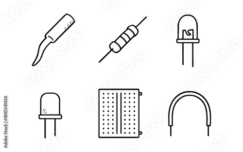 Hand-drawn electronic components including resistor, LEDs, jumper wire, and breadboard