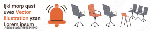 Office design, furniture selection, interior decor, workplace setup, alert system, communication. A series of office chairs with a notification bell icon and text. Office design and furniture