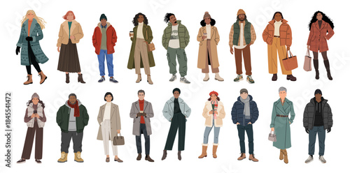 Set of men and women in stylish winter outfits. Flat minimalist illustration isolated on transparent background.