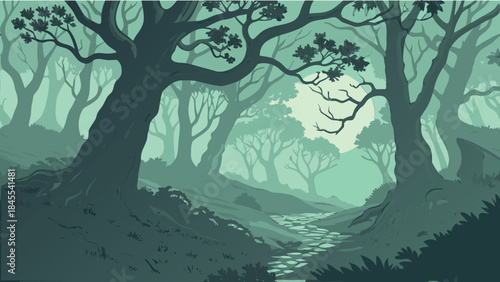 Detailed Vector Illustration of Dark, Moody Forest Landscape with Stone Path and Moonlit Canopy
