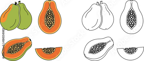 Colorful papaya fruit cut open showing black seeds inside