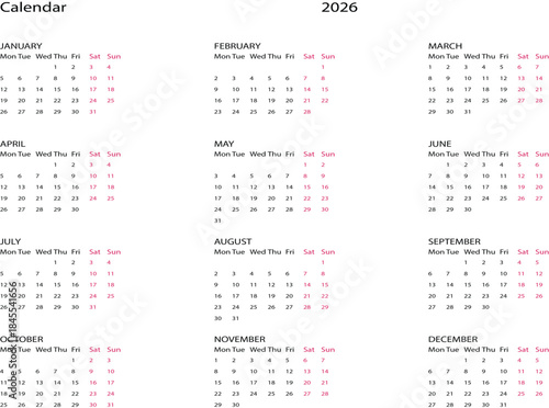 Simple Yearly 2026 Calendar Planner Vector Illustration with All 12 Months Starting Monday