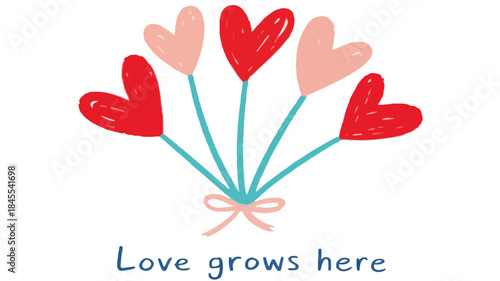 A flat illustration of six heart shapes in red and pink tied with a bow on stems
