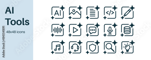 Set of AI tools icons for generating images, video, code, music, text, and data , also AI for research, cybersecurity, and autonomous AI agents.