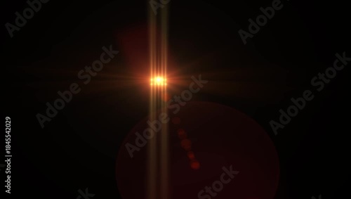 Optical lens flare with warm bokeh effects, golden sunbeam shining brightly, dark background