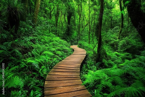 A winding wooden path leads through a lush green forest with many ferns.