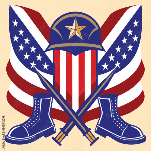 Patriotic military emblem featuring american flag and symbols of armed forces
