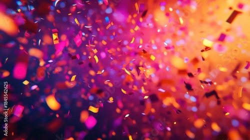 Wallpaper Mural Brightly colored confetti pieces exploding and falling across a gradient background of pink, purple, and orange hues, creating a dynamic and festive atmosphere Torontodigital.ca