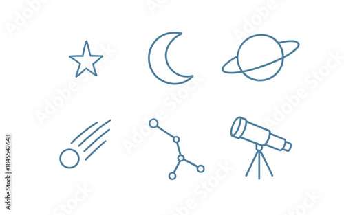 Set of simple line icons representing celestial bodies and astronomy tools
