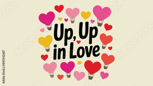 Soft cream background with heart shaped hot air balloons in various pink, red, and yellow hues, love themed design