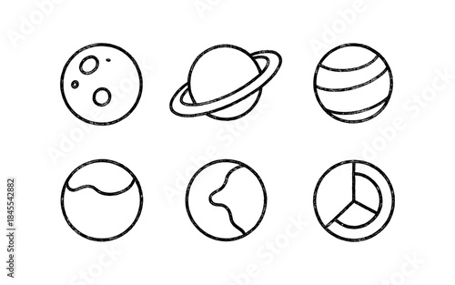 Set of simple line art icons representing planets and celestial bodies