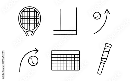 Collection of simple line art icons representing tennis equipment and actions
