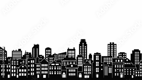 Black and White Silhouette of a Dense Cityscape with Diverse Buildings.